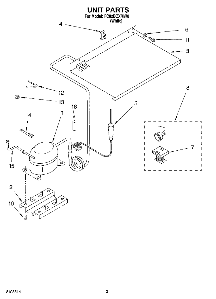 UNIT PARTS Diagram and Parts List for FC02BCXMW0  Whirlpool Refrigerator