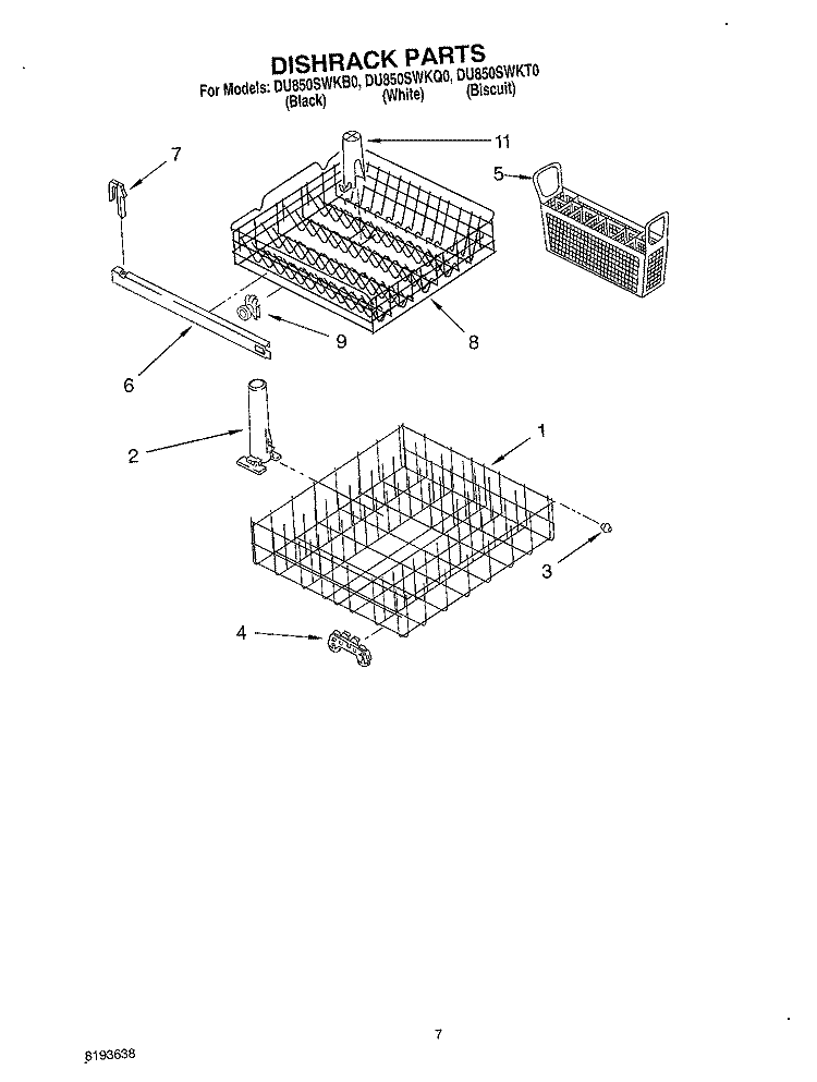 DISHRACK Diagram and Parts List for DU850SWKQ0  Whirlpool Dishwasher
