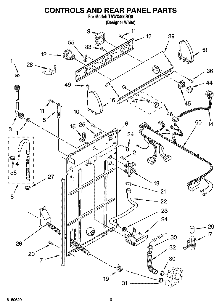 CONTROLS AND REAR PANEL PARTS Diagram and Parts List for TAWX400RQ0  Estate Washer