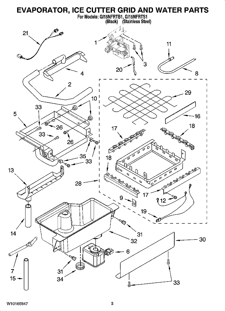 EVAPORATOR, ICE CUTTER GRID AND WATER PARTS Diagram and Parts List for GI15NFRTB1  Whirlpool Ice Maker