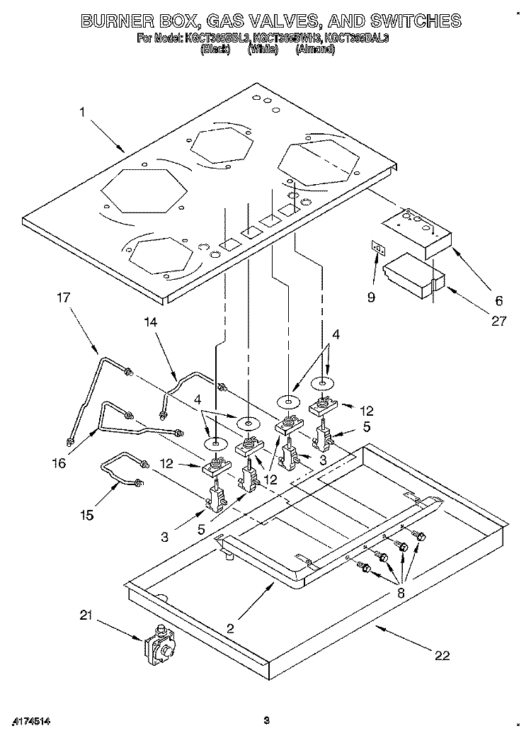 BURNER BOX, GAS VALVES, AND SWITCHES Diagram and Parts List for KGCT365BBL3  KitchenAid Cooktop