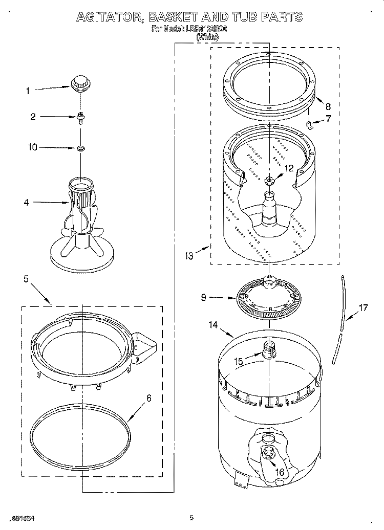 AGITATOR, BASKET AND TUB Diagram and Parts List for LBR4132HQ0  Whirlpool Washer