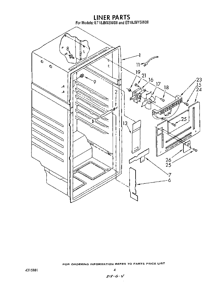 LINER Diagram and Parts List for ET18JMXSW08  Whirlpool Refrigerator