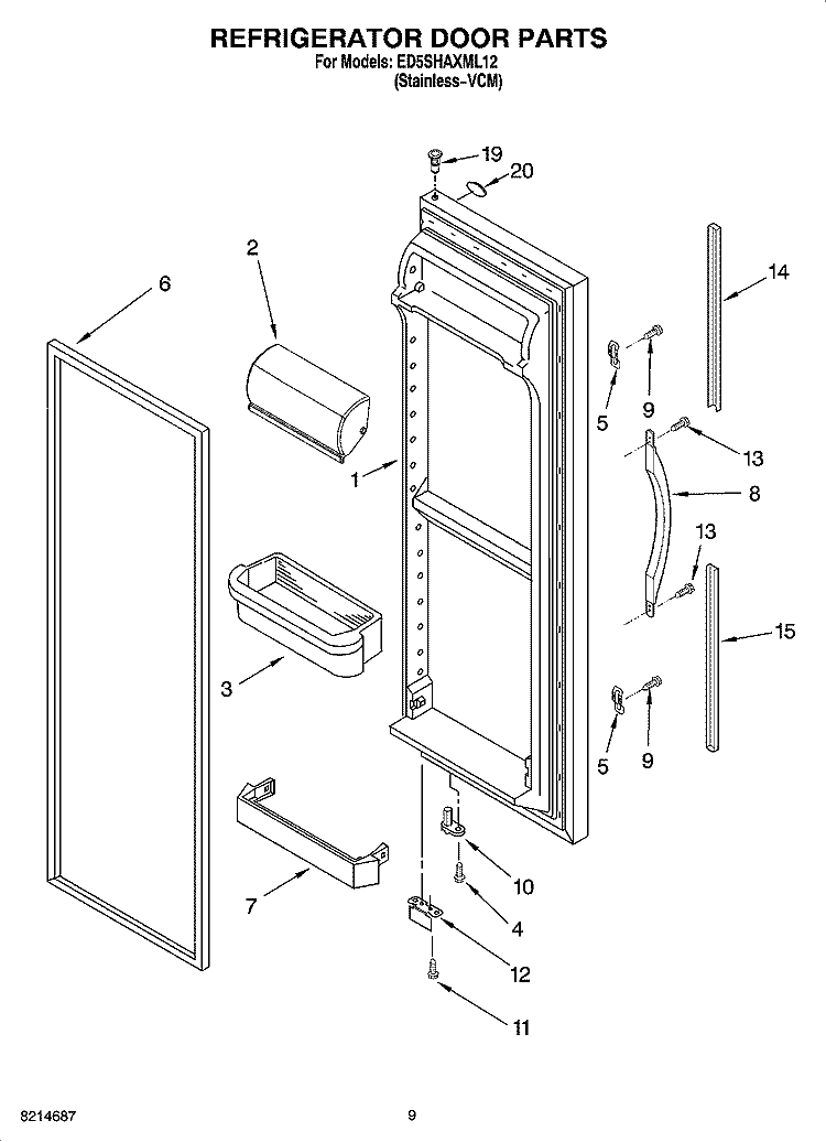 REFRIGERATOR DOOR PARTS Diagram and Parts List for ED5SHAXML12  Whirlpool Refrigerator