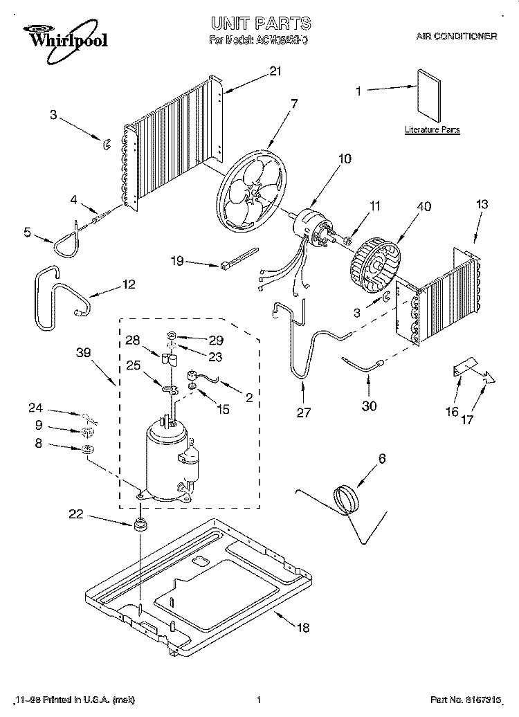 UNIT, LITERATURE Diagram and Parts List for ACM052XH0  Whirlpool Air Conditioner