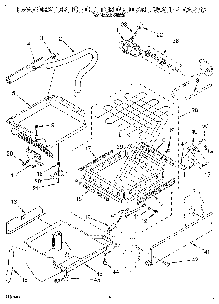 EVAPORATOR, ICE CUTTER GRID AND WATER Diagram and Parts List for JZ5061  Whirlpool Ice Maker