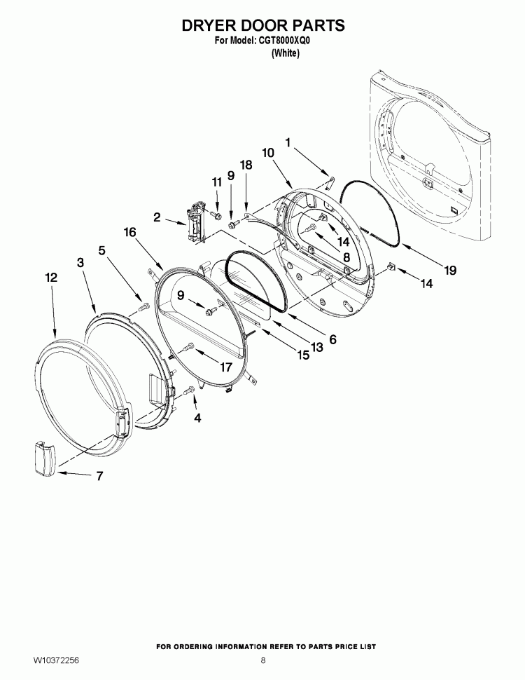 DRYER DOOR PARTS Diagram and Parts List for CGT8000XQ0  Whirlpool Washer Dryer Combo