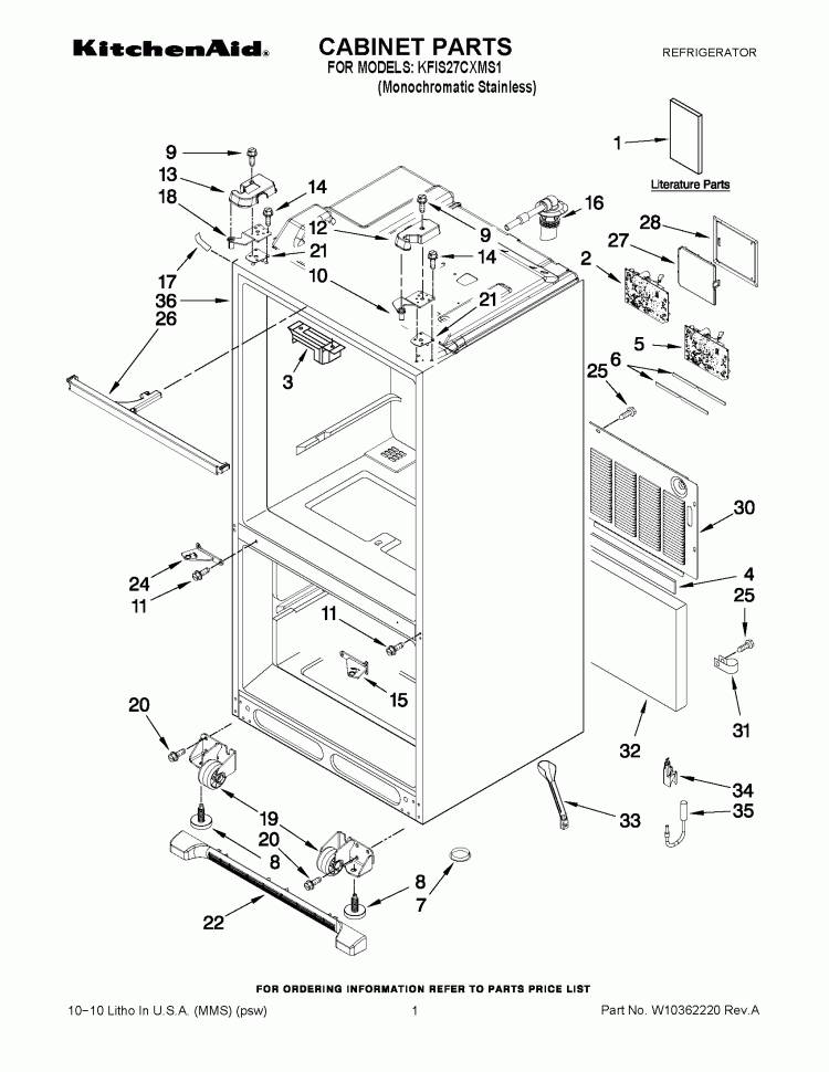 CABINET PARTS Diagram and Parts List for KFIS27CXMS1  KitchenAid Refrigerator