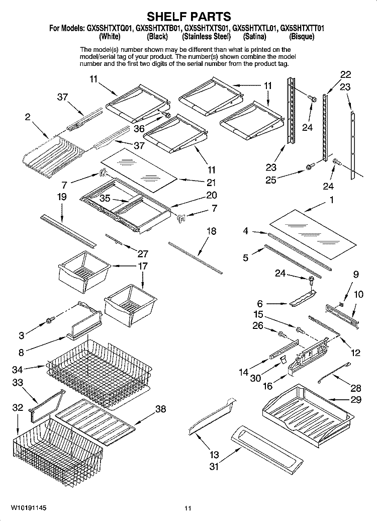 SHELF PARTS Diagram and Parts List for GX5SHTXTB01  Whirlpool Refrigerator
