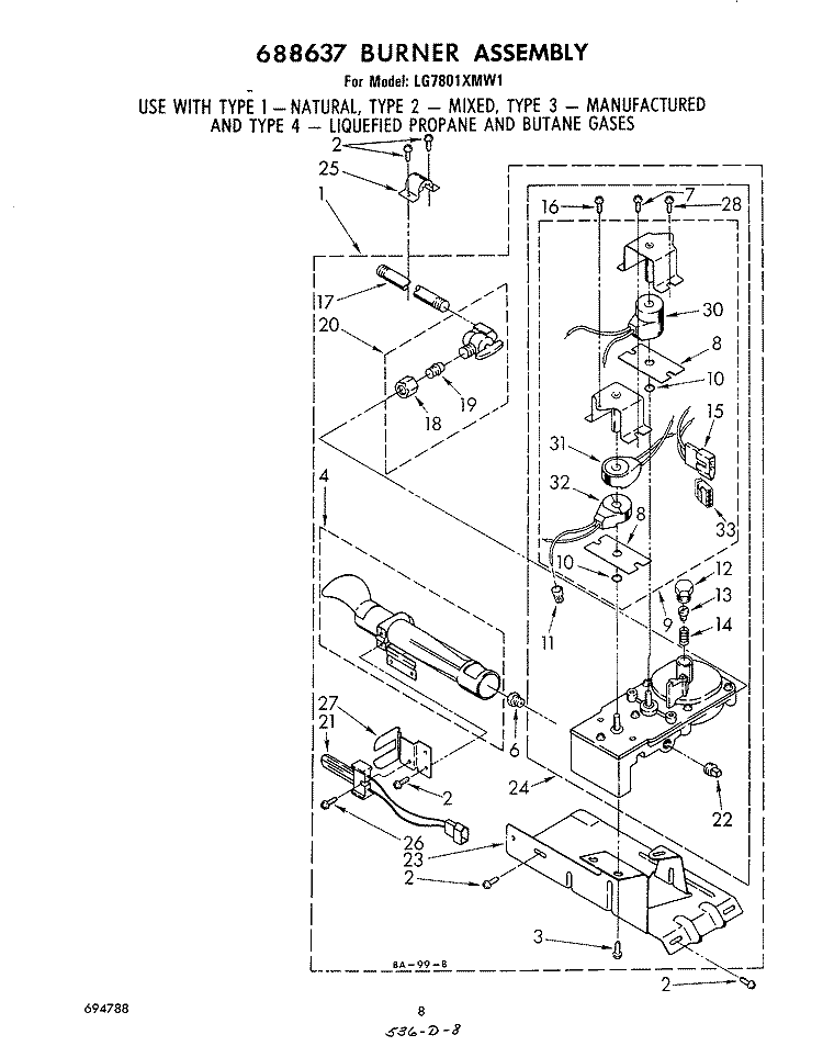 688637 BURNER Diagram and Parts List for LG7801XMW1  Whirlpool Dryer