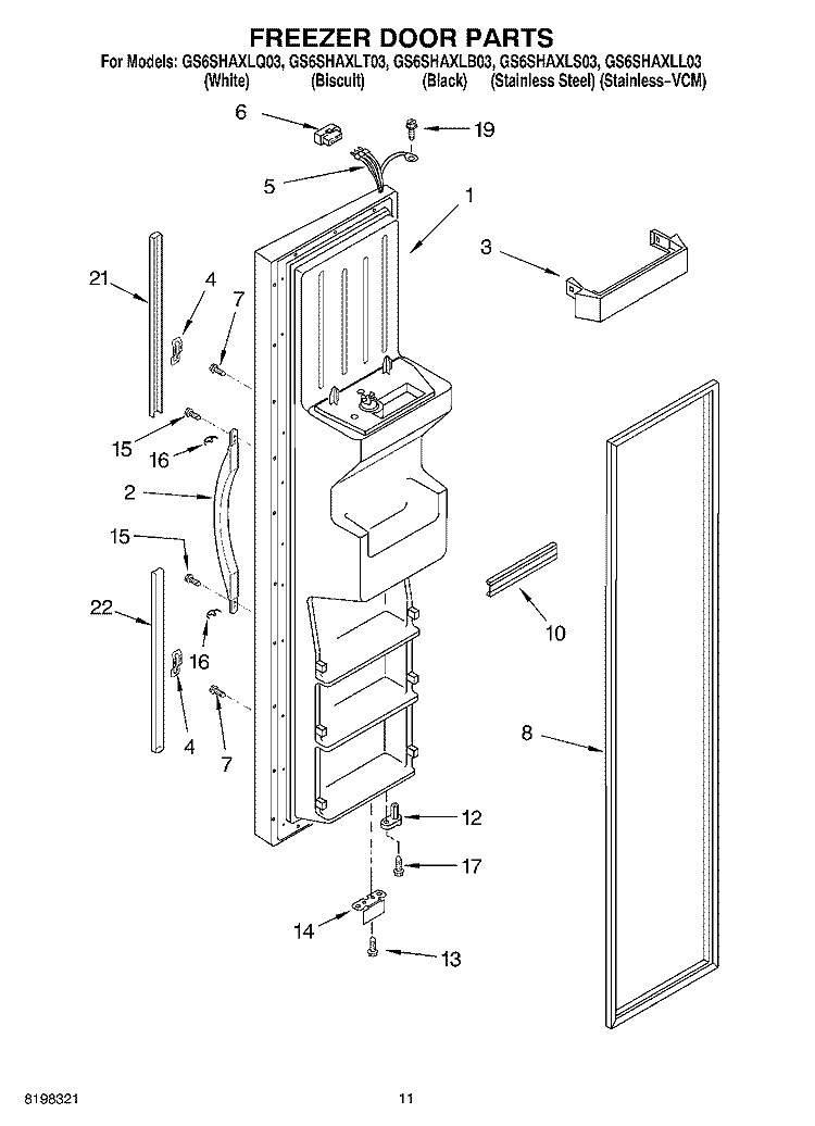 FREEZER DOOR PARTS Diagram and Parts List for GS6SHAXLS03  Whirlpool Refrigerator