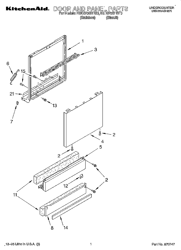 DOOR AND PANEL Diagram and Parts List for KUDS25SHBT0  KitchenAid Dishwasher