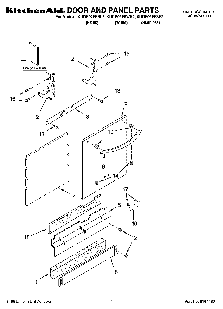 DOOR AND PANEL PARTS Diagram and Parts List for KUDR02FSBL2  KitchenAid Dishwasher