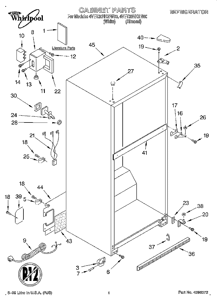 CABINET, LITERATURE Diagram and Parts List for 4VET20NKGN00  Whirlpool Refrigerator