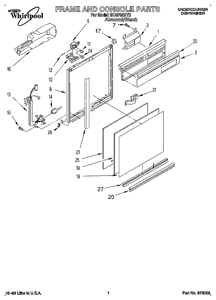 FRAME AND CONSOLE Diagram and Parts List for DU9700XY2  Whirlpool Dishwasher