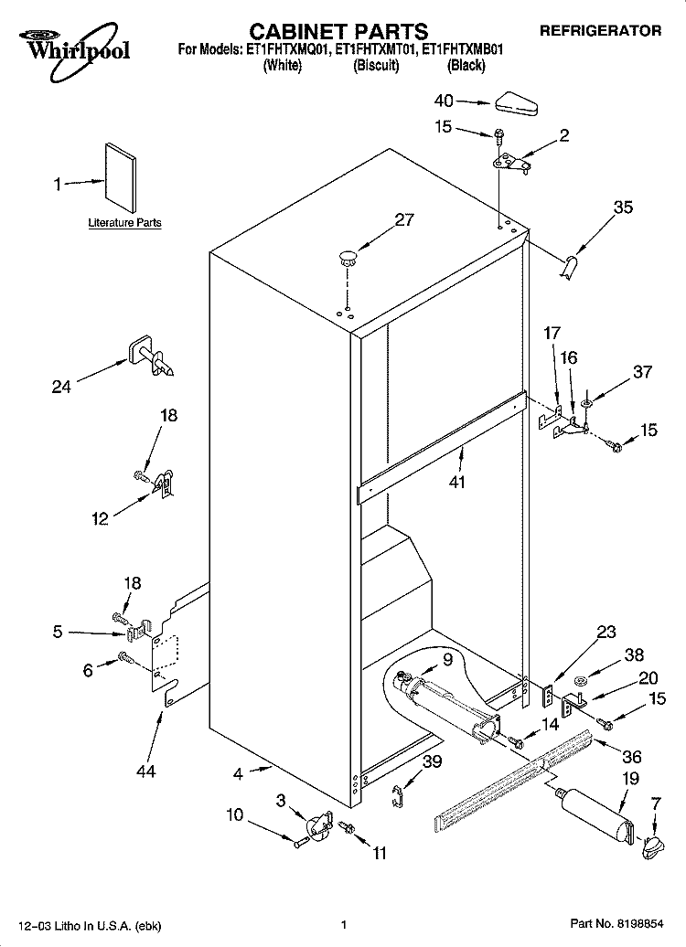 CABINET PARTS Diagram and Parts List for ET1FHTXMQ01  Whirlpool Refrigerator