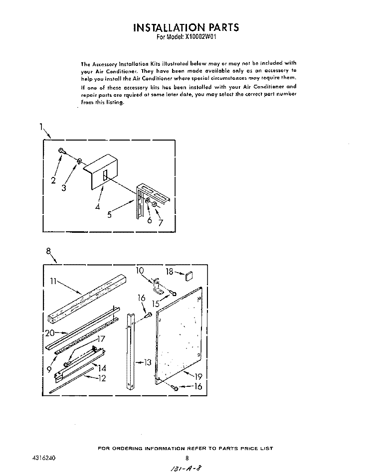 INSTALLATION Diagram and Parts List for X10002W01  Roper Air Conditioner