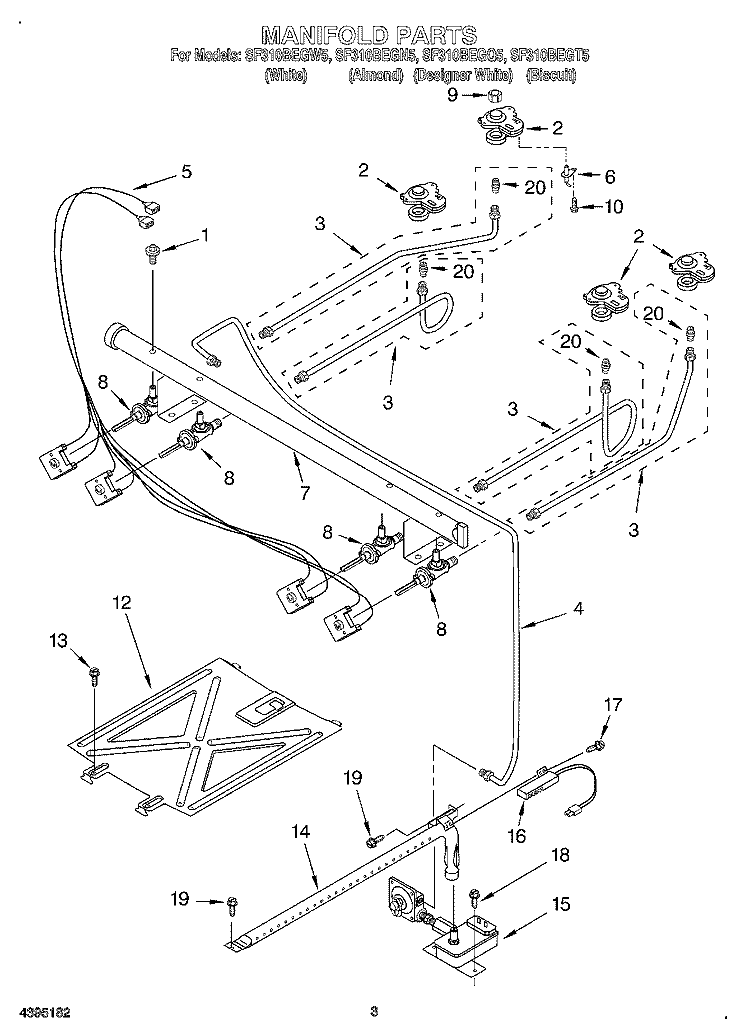 MANIFOLD Diagram and Parts List for SF310BEGW5  Whirlpool Range
