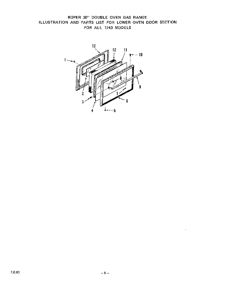 LOWER OVEN DOOR Diagram and Parts List for 1743W0A  Roper Range