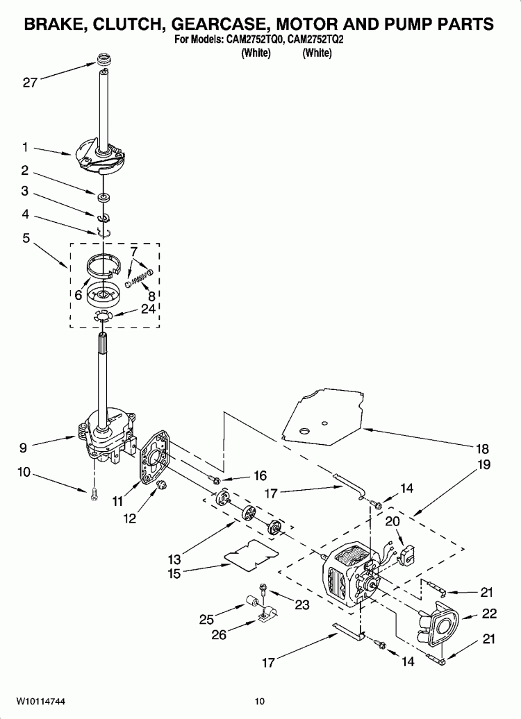 BRAKE, CLUTCH, GEARCASE, MOTOR AND PUMP PARTS Diagram and Parts List for CAM2752TQ2  Whirlpool Washer