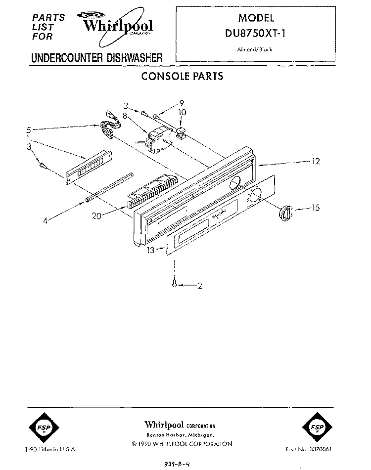 CONSOLE Diagram and Parts List for DU8750XT1  Whirlpool Dishwasher