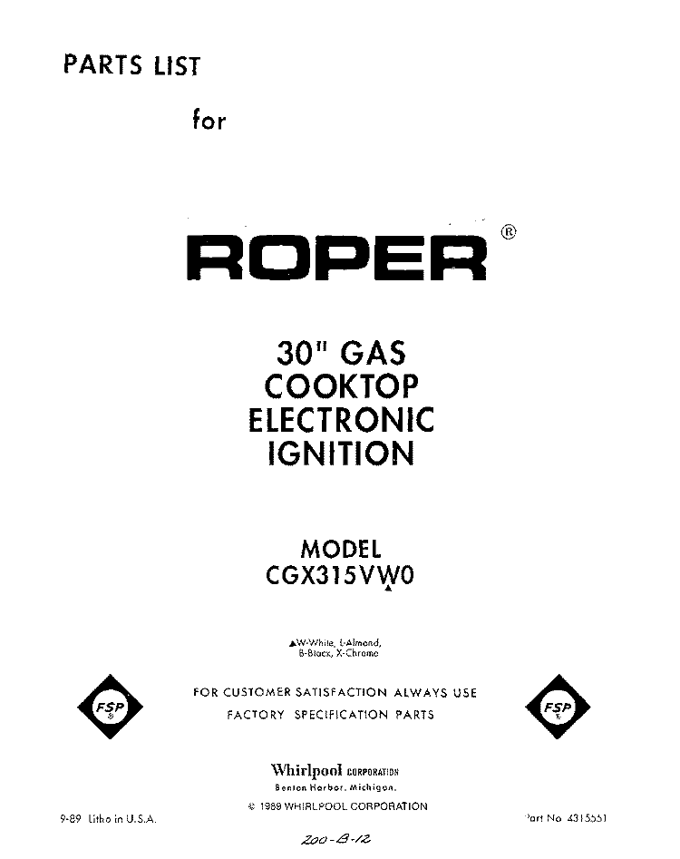 SECTION Diagram and Parts List for CGX315VX0  Whirlpool Cooktop