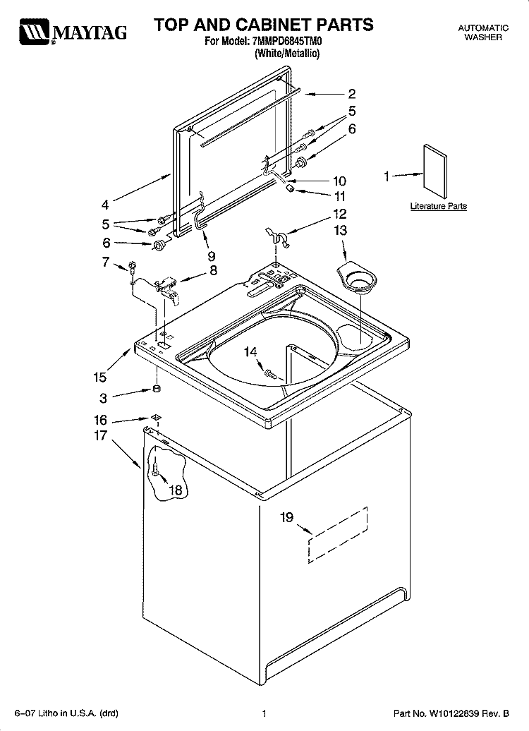 TOP AND CABINET PARTS Diagram and Parts List for 7MMPD6845TM0  Whirlpool Washer
