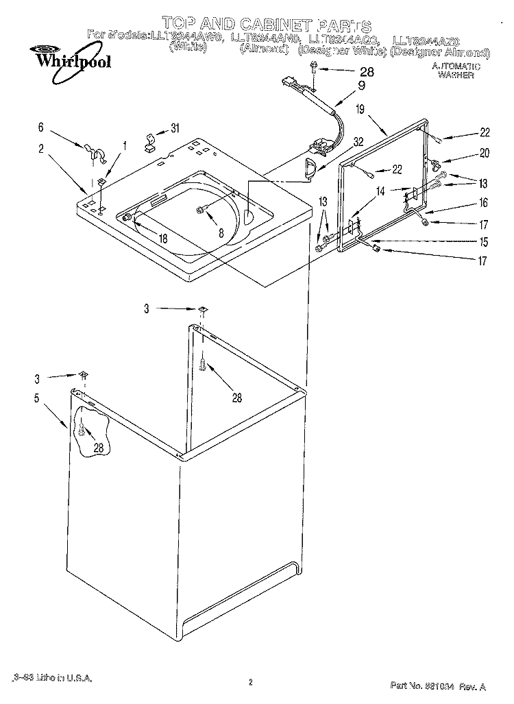 TOP AND CABINET, LIT/OPTIONAL Diagram and Parts List for LLT8244AW0  Whirlpool Washer