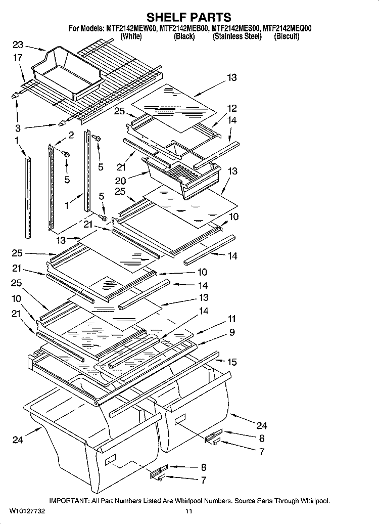 SHELF PARTS, OPTIONAL PARTS Diagram and Parts List for MTF2142MES00  Whirlpool Refrigerator