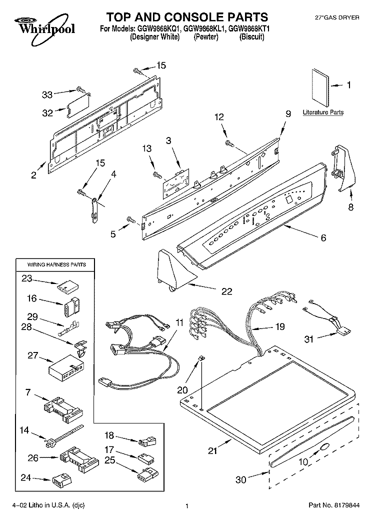 TOP AND CONSOLE, LITERATURE Diagram and Parts List for GGW9868KL1  Whirlpool Dryer
