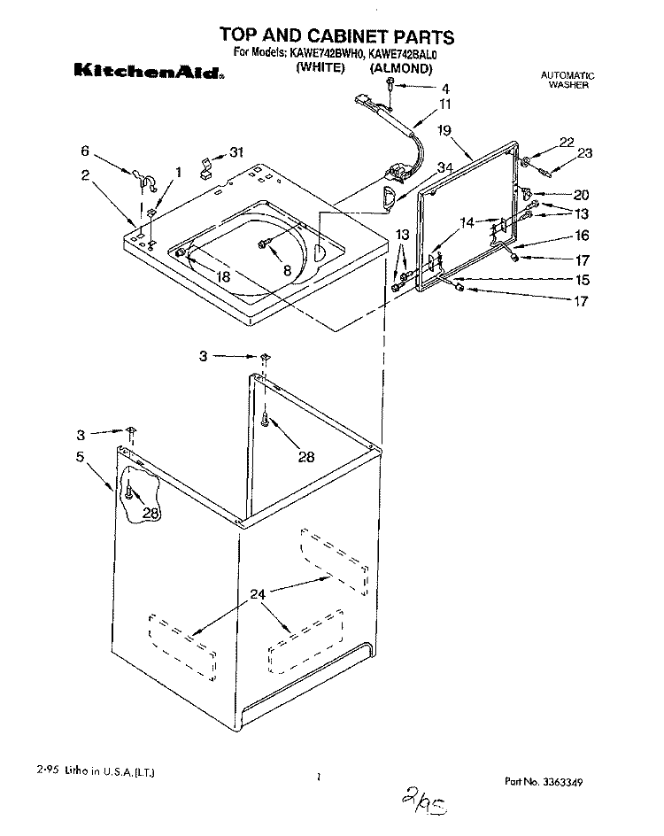 TOP AND CABINET, LIT/OPTIONAL Diagram and Parts List for KAWE742BAL0  KitchenAid Washer