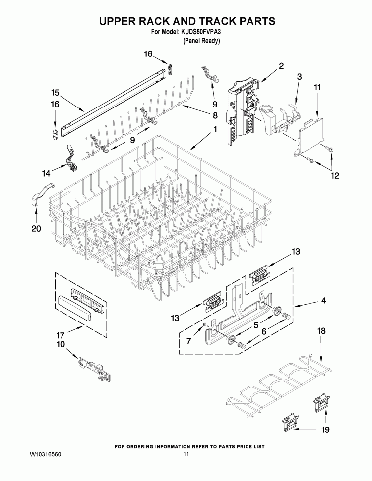 UPPER RACK AND TRACK PARTS Diagram and Parts List for KUDS50FVPA3  KitchenAid Dishwasher