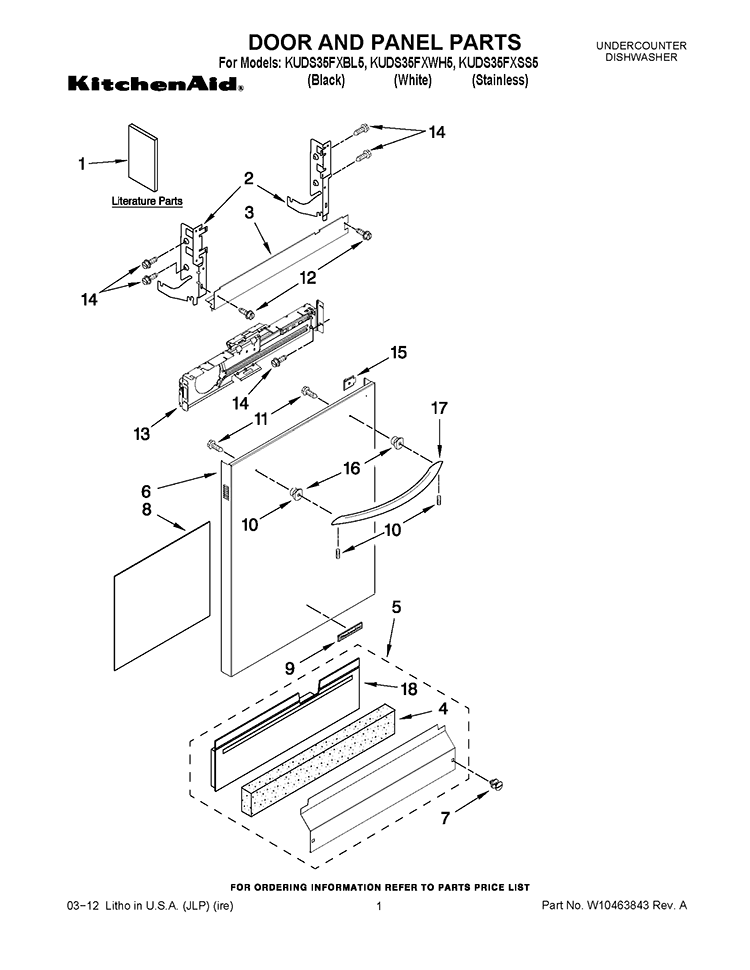 DOOR AND PANEL PARTS Diagram and Parts List for KUDS35FXSS5  KitchenAid Dishwasher