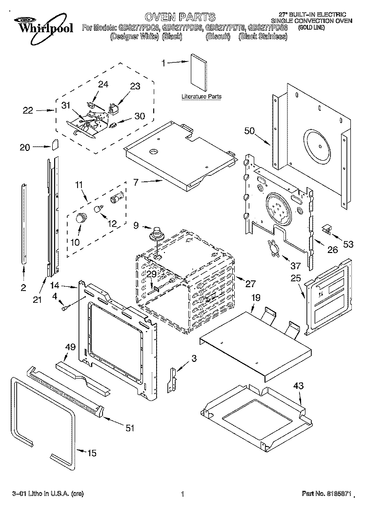 OVEN, LITERATURE Diagram and Parts List for GBS277PDB6  Whirlpool Wall Oven