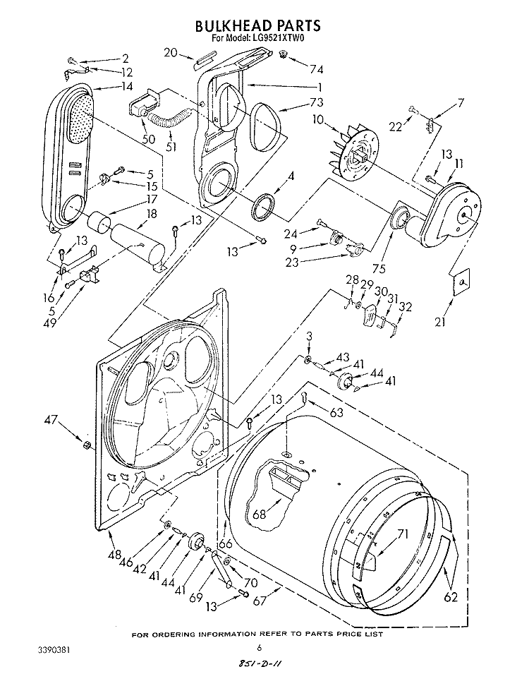 BULKHEAD Diagram and Parts List for LG9521XTW0  Whirlpool Dryer