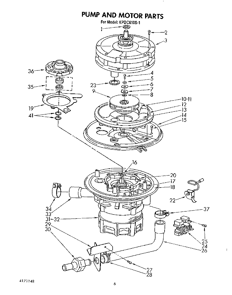 PUMP AND MOTOR Diagram and Parts List for KPDC610S1  KitchenAid Dishwasher