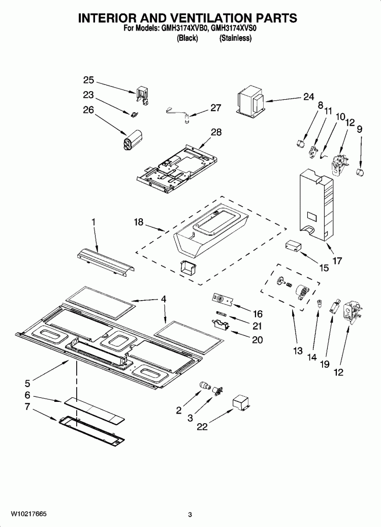 INTERIOR AND VENTILATION PARTS Diagram and Parts List for GMH3174XVS0  Whirlpool Microwave