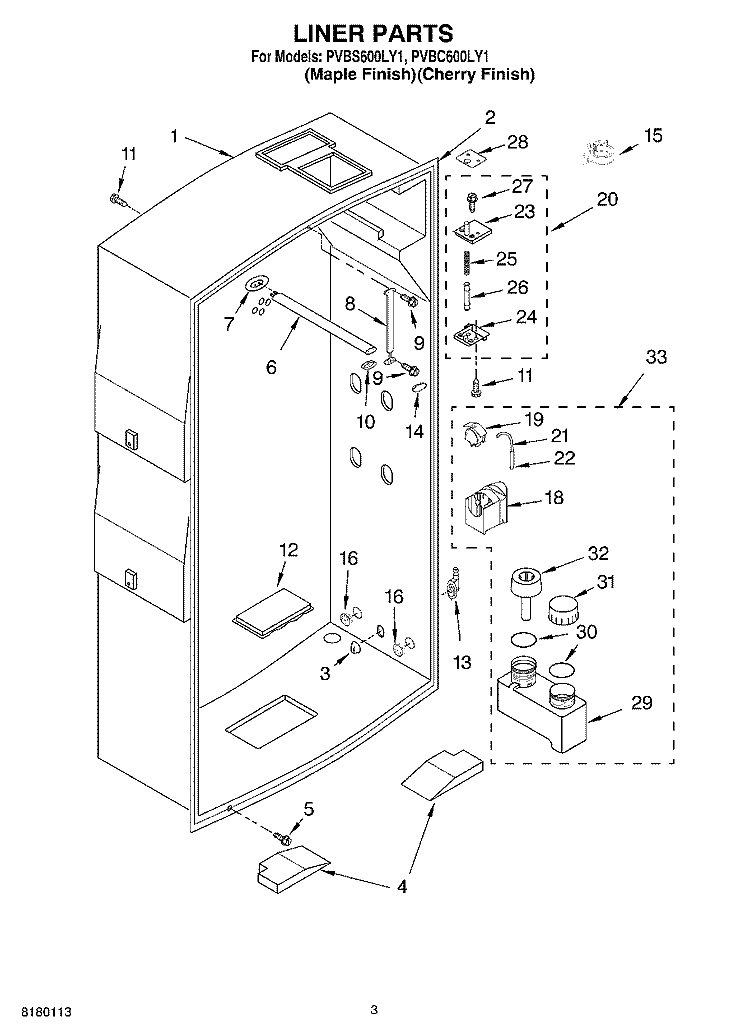 LINER PARTS Diagram and Parts List for PVBC600LY1  Whirlpool Cabinet