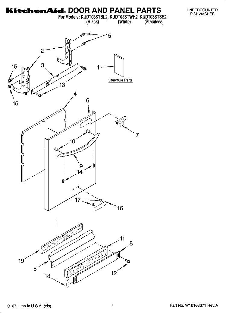 DOOR AND PANEL PARTS Diagram and Parts List for KUDT03STBL2  KitchenAid Dishwasher