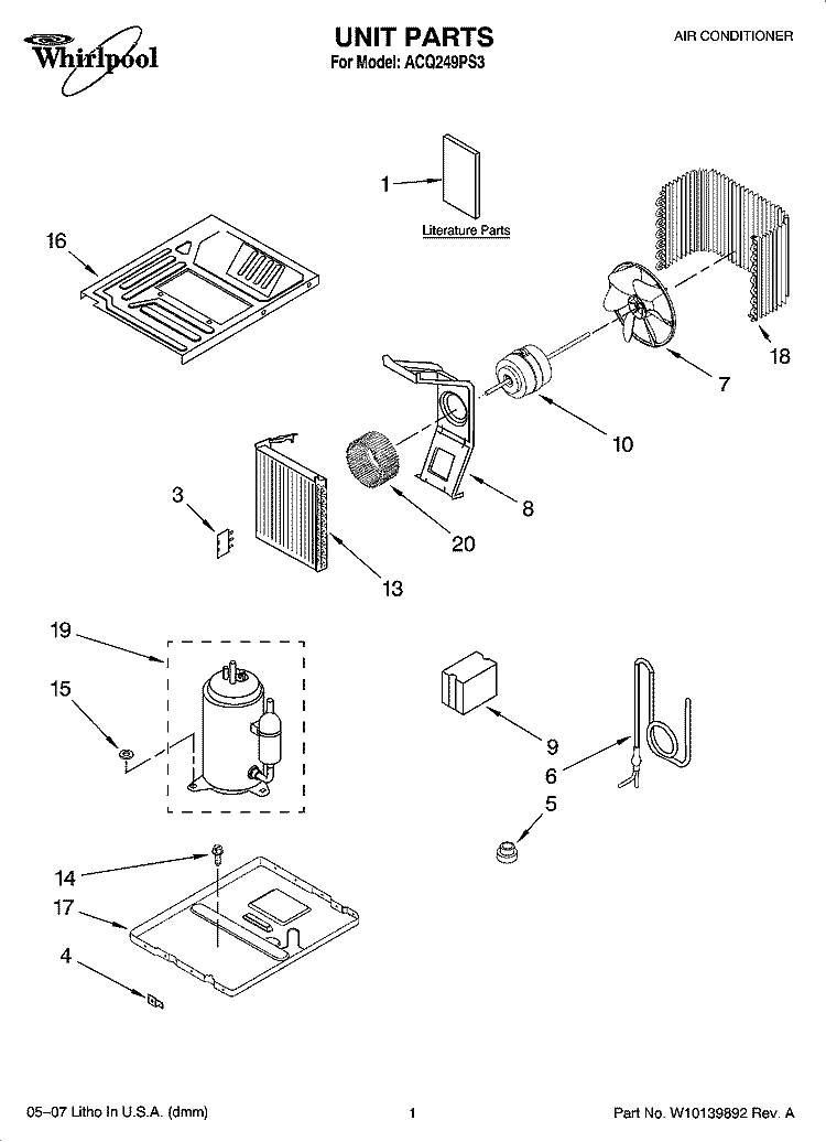 UNIT PARTS Diagram and Parts List for ACQ249PS3  Whirlpool Air Conditioner