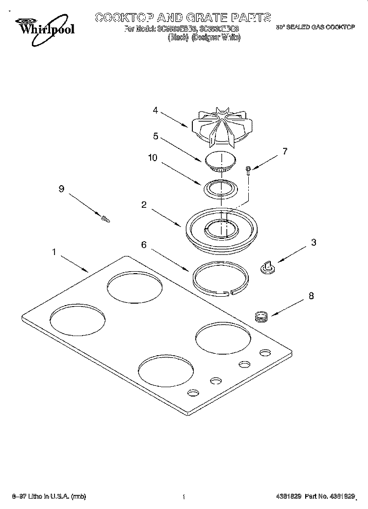 COOKTOP AND GRATE Diagram and Parts List for SC8830EBQ3  Whirlpool Cooktop