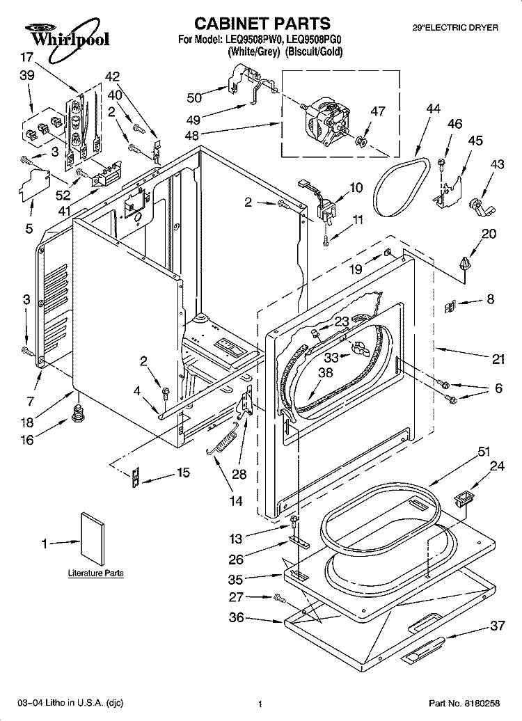 CABINET PARTS Diagram and Parts List for LEQ9508PW0  Whirlpool Dryer