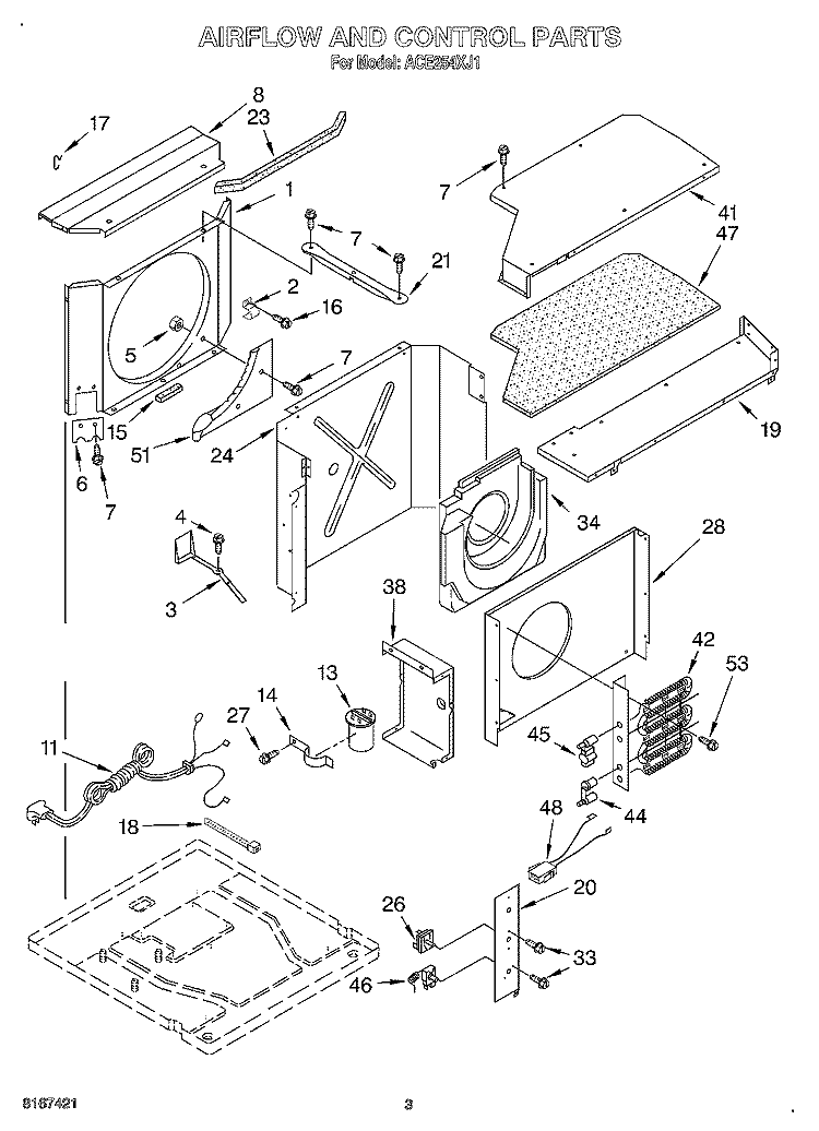 AIR FLOW AND CONTROL Diagram and Parts List for ACE254XJ1  Whirlpool Air Conditioner
