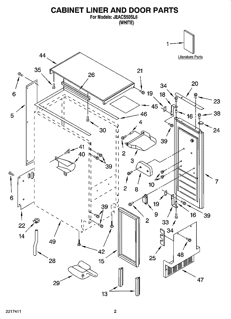CABINET LINER AND DOOR PARTS Diagram and Parts List for JEACS50SL6  Whirlpool Ice Maker
