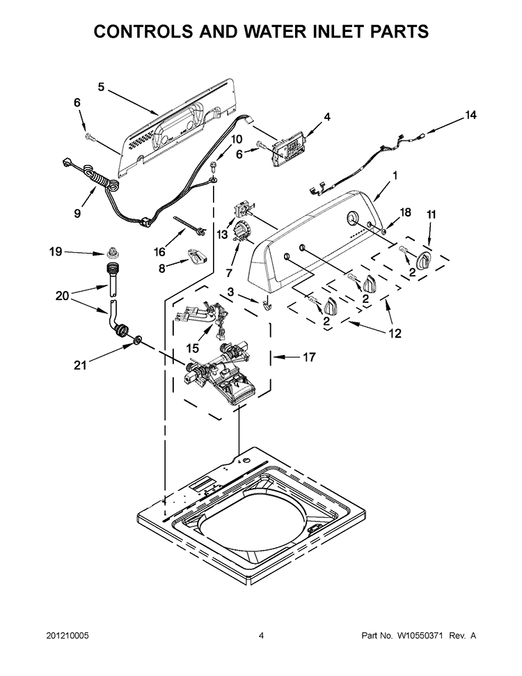 CONTROLS AND WATER INLET PARTS Diagram and Parts List for 7MWTW1700AQ0  Whirlpool Washer