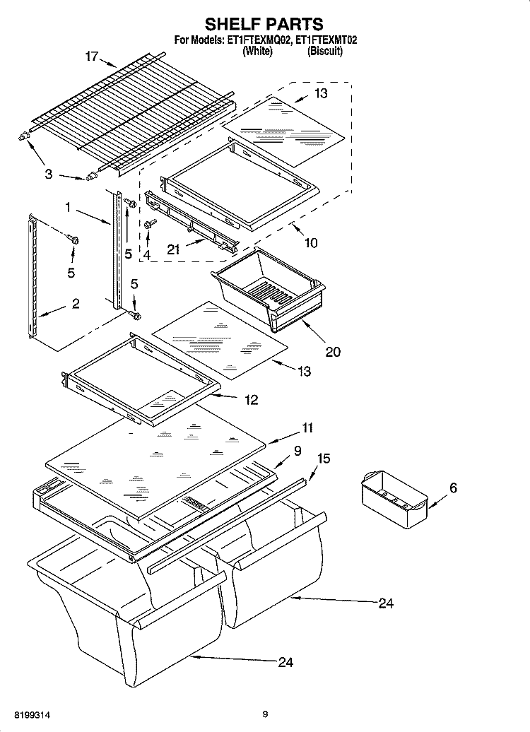 SHELF PARTS, OPTIONAL PARTS Diagram and Parts List for ET1FTEXMQ02  Whirlpool Refrigerator