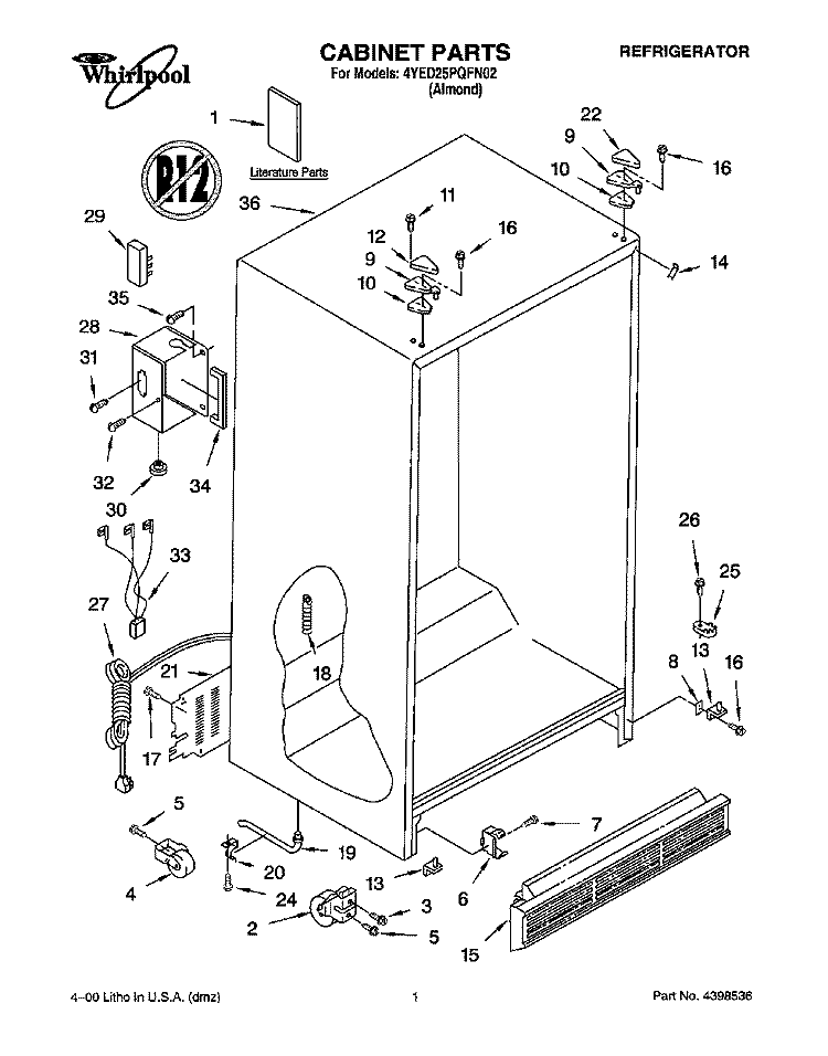CABINET, LITERATURE Diagram and Parts List for 4YED25PQFN02  Whirlpool Refrigerator