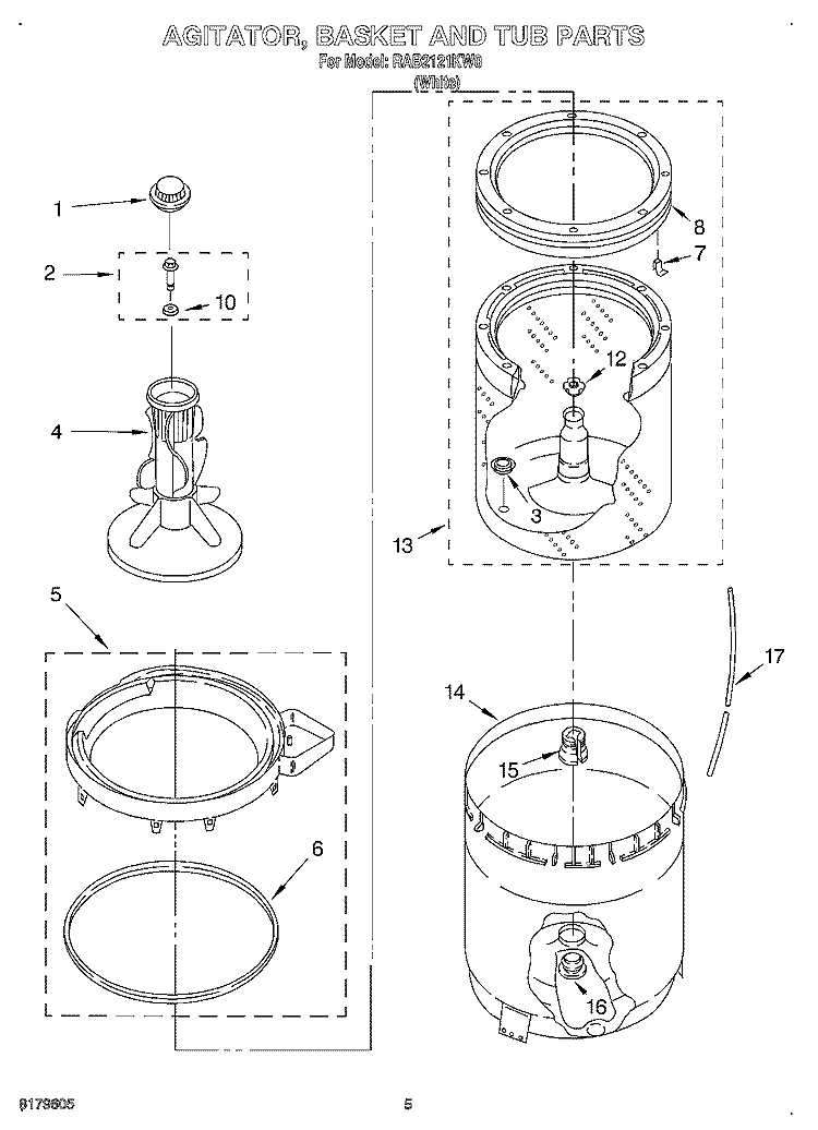 AGITATOR, BASKET, AND TUB Diagram and Parts List for RAB2121KW0  Roper Washer