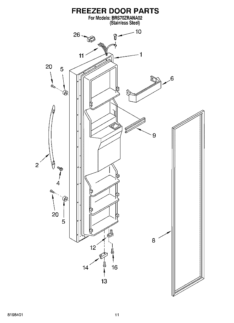 FREEZER DOOR PARTS Diagram and Parts List for BRS70ZRANA02  Whirlpool Refrigerator