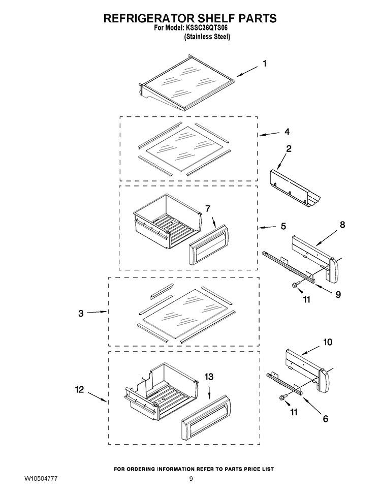REFRIGERATOR SHELF PARTS Diagram and Parts List for KSSC36QTS06  KitchenAid Refrigerator